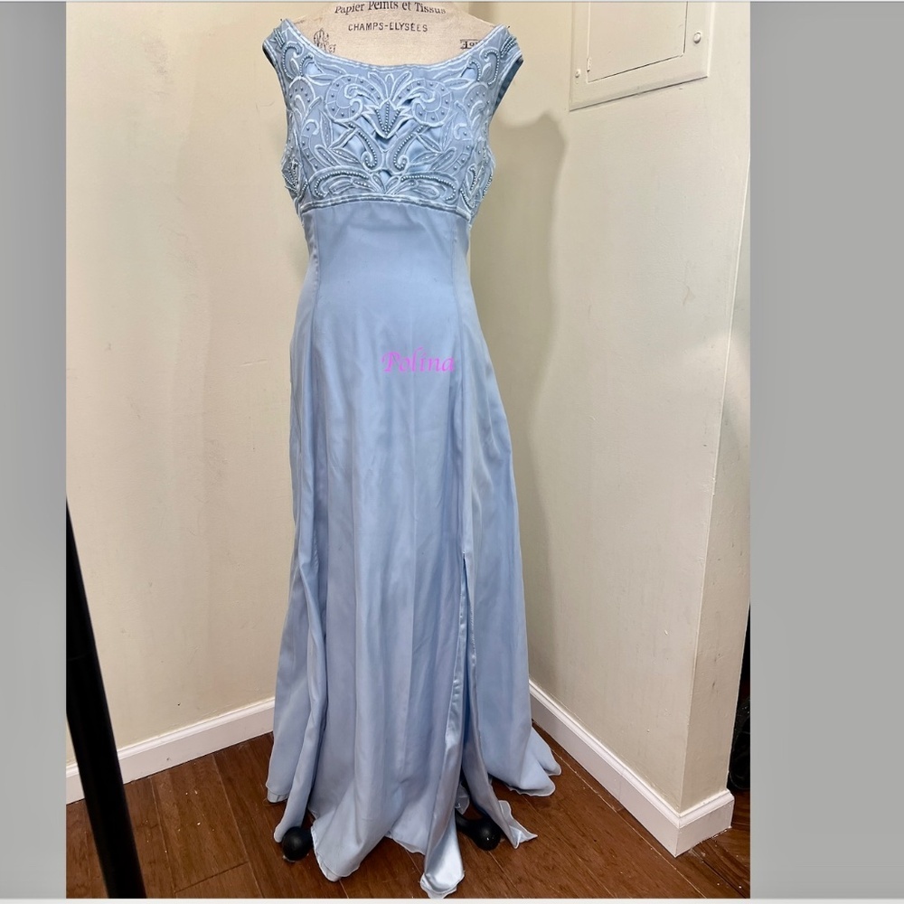 "Tiffany Designs" Light Blue Formal Gown w/Hight Slit Dress 100% Silk